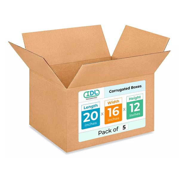 Idl Packaging 20L x 16W x 12H Corrugated Boxes for Shipping or Moving, Heavy Duty, 5PK B-201612-5